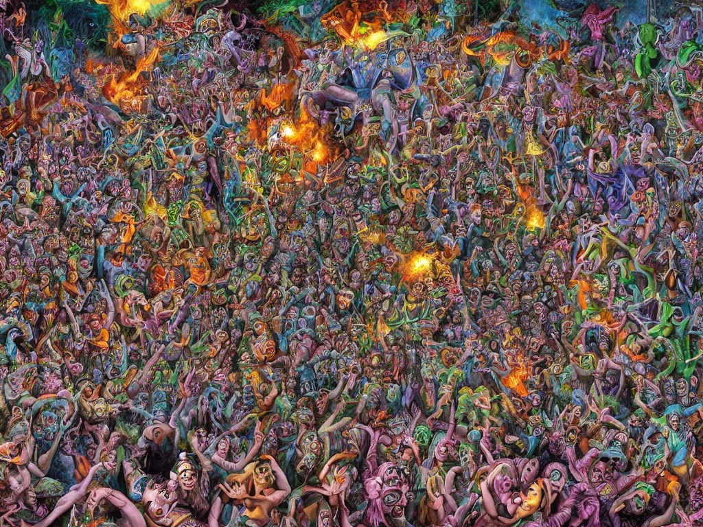 Image similar to digital painting rave party in hell by Chor Boogie, intricate details, ultra detailed, 4K, award-winning, touch of M. C. Escher and Salvador Dali