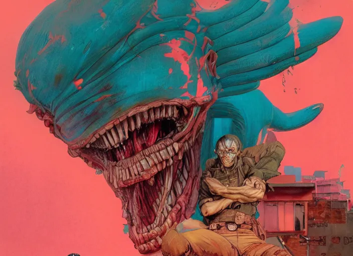 Prompt: attack on titan by francis bacon, surreal, norman rockwell, greg hildebrandt, triadic color scheme, by greg rutkowski, exotic vegetation, tristan eaton, victo ngai, vibrant red background, complimentary color, pink and teal and orange, a still from the film alien, beksinski, hyperrealism