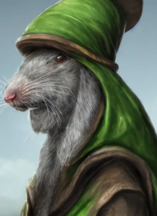 Image similar to gray rat standing on two legs, gray beard, serious, mean eyes, wearing jewelry, tricorne hat, green robe, D&D, digital art, realistic, trending on artstation, 4k, sea in the background