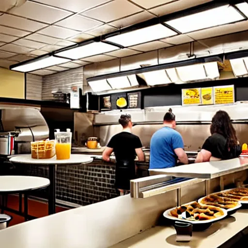 Image similar to busy wafflehouse interior with customers eating breakfast and wafflehouse employees serving food and cooking behind countertop