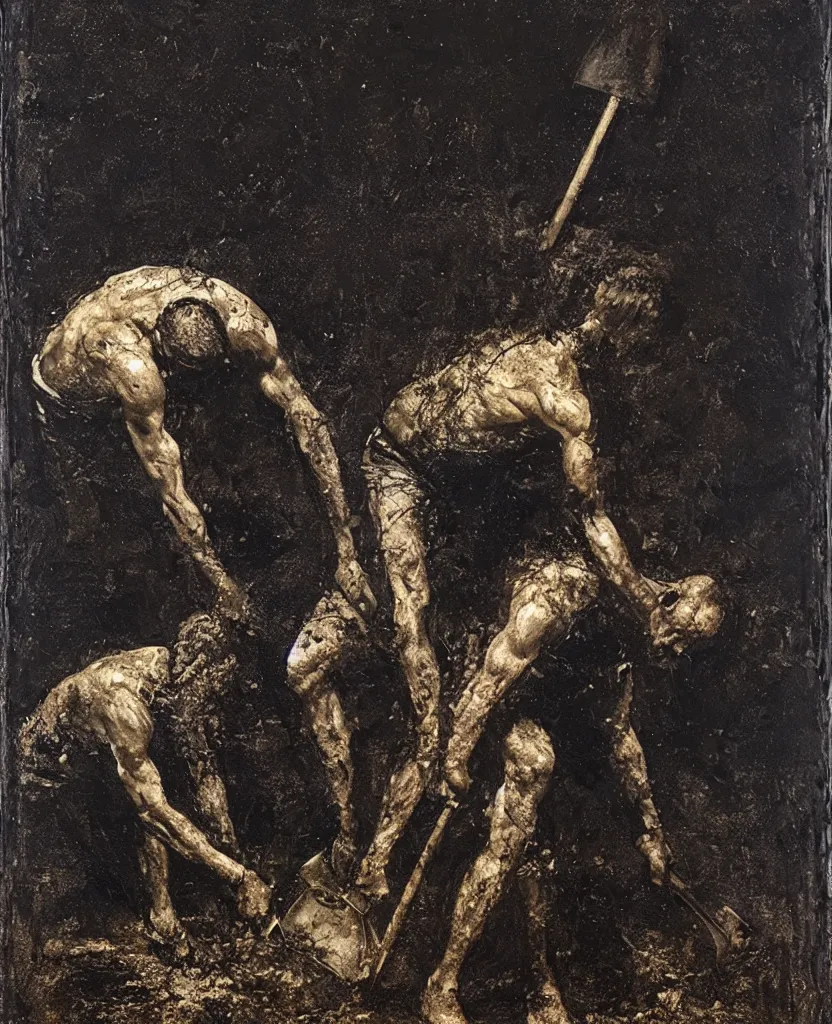 Prompt: a man with a shovel standing digging up a grave with a dead body, by Nicola Samori, painting, 8k, high detail
