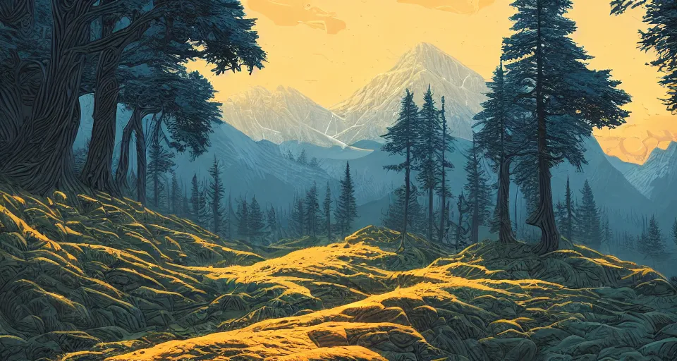 Image similar to a beautiful landscape with trees and mountains, by dan mumford, artstation, behance, highly detailed, concept art, dramatic lighting, magic hour lighting