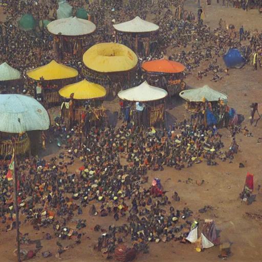 Prompt: dahomey officials with flat colorful umbrellas in ahomey's huge main square, from above, in benin, 1905, highly detailed, oil on canvas, by ilya repin