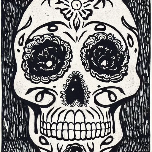 Image similar to “ sugar skull woodcut by mc escher and hp lovecraft ”