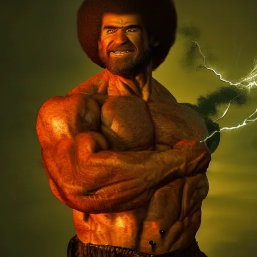 Image similar to full body portrait , photomanipulation of BOB ROSS as hulk with human flesh, marvel, fully detailed, volumetric lightening, octane render, 8k, masterpiece, epic composition, sharp focus