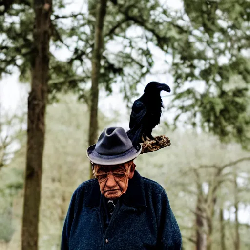 Image similar to an elderly man holding a raven, canon eos r 3, f / 1. 4, iso 2 0 0, 1 / 1 6 0 s, 8 k, raw, unedited, symmetrical balance, in - frame