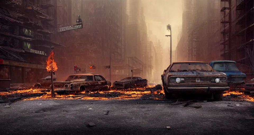 Image similar to A beautiful hyper realistic ultra detailed lifelike matte painting of a scruffy Timber Wolf standing in the middle of an abandoned post-apocalyptic New York City street at night with cars and buildings enflamed on fire, unreal engine, deviantart, flickr, artstation, octane render, textured, colorful, extreme realistic detail, physically based rendering, pbr render, very detailed, volumetric lighting, detailed lighting, octane render, 4k, cinematic lighting, 8k resolution