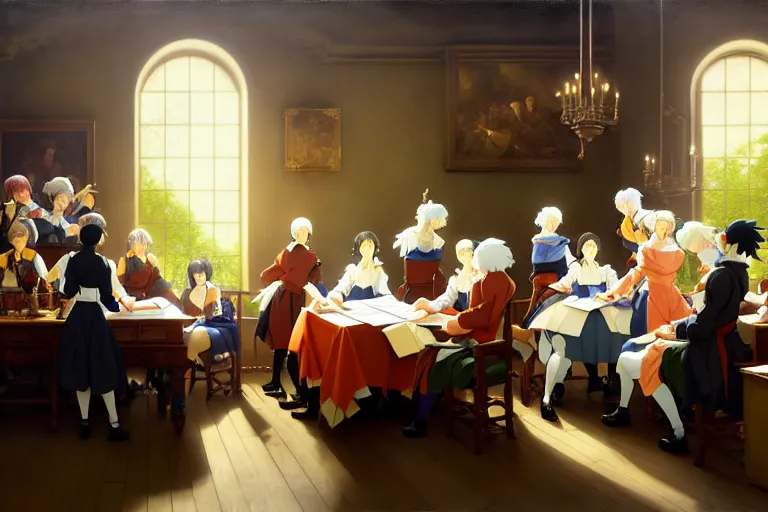 Image similar to baroque oil painting of key visual environment concept art of the anime maids signing the declaration of independence, brutalist, dark fantasy, rule of thirds golden ratio, fake detail, trending pixiv fanbox, acrylic palette knife, style of makoto shinkai studio ghibli genshin impact jamie wyeth james gilleard greg rutkowski chiho aoshima