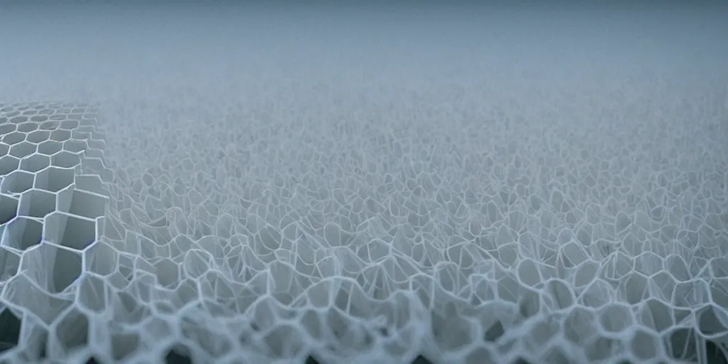 Image similar to real white honeycomb organic building, film still from the movie directed by denis villeneuve aesthetic with art direction by zdzisław beksinski, telephoto lens, shallow depth of field