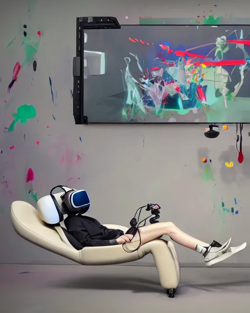 Image similar to a cosplay model reclines in a gaming computer chair wearing a vr headset and headphones holding a game controller, in a domestic interior filled with screens by james jean and luc tuymans and beeple and hernan bas and pat steir and hilma af klint, psychological, 3 d, dripping paint, high quality render, masterpiece