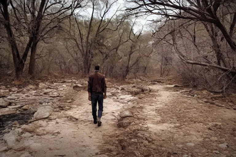 Image similar to photo of a man walking along a dry river bed with a rusty broken bridge, post apocalyptic, dystopian