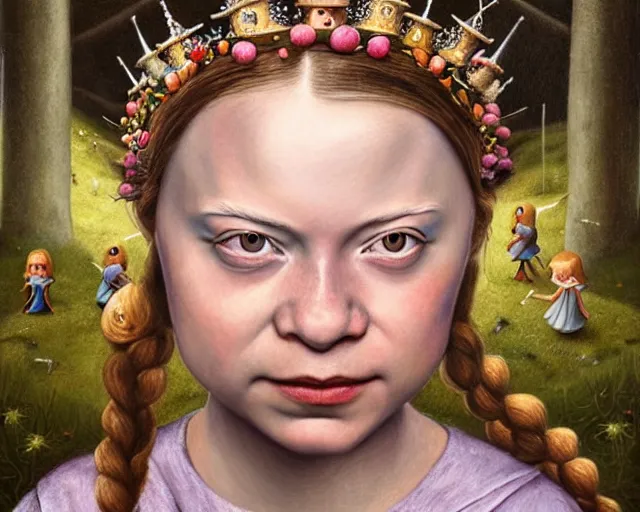 Image similar to closeup profile medieval bosch portrait of greta thunberg as a fairytale princess wearing a crown eating cakes in the castle kitchen, nicoletta ceccoli, mark ryden, lostfish, max fleischer, hyper realistic, artstation, illustration, digital paint, matte paint, vivid colors, bright, cheerful, detailed and intricate environment