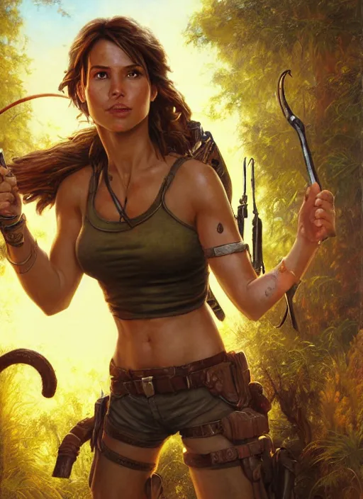 Image similar to seasoned adventurer Lara Croft, golden hour, Lilia Alvarado, Sophie Anderson, Mark Arian, Bob Byerley, Charlie Bowater, Mark Brooks, Steve Henderson, Justin Gerard, Arthur Hughes, Edward Robert Hughes, Mark Keathley, Victor Nizovtsev, Carlos Shwabe, Ross Tran, WLOP