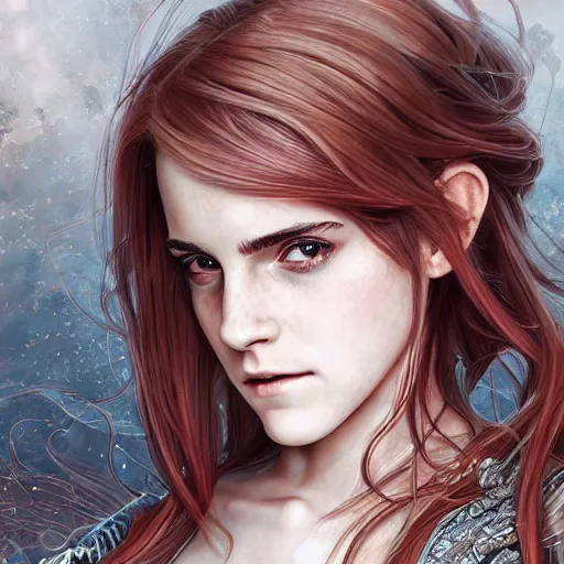 Image similar to emma watson as a long - red - haired female knight as an absurdly beautiful, elegant, young sensual anime girl,, ultrafine hyperrealistic detailed face illustration by kim jung gi, irakli nadar, intricate linework, sharp focus, bright colors, matte, final fantasy, unreal engine highly rendered, global illumination, radiant light, intricate environment