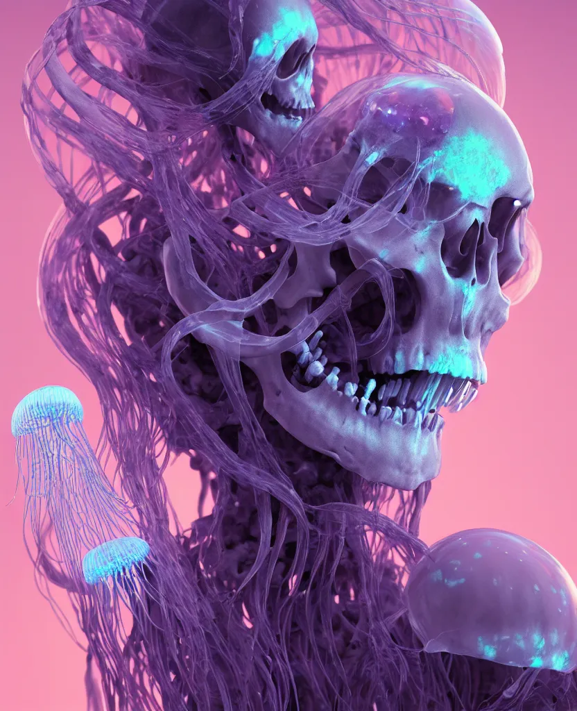 Image similar to goddess close - up portrait human skeleton, ram skull, jellyfish, orchid, betta fish, bioluminiscent, intricate artwork by tooth wu and wlop and beeple. octane render, trending on artstation, greg rutkowski very coherent symmetrical artwork. cinematic, hyper realism, high detail, octane render, 8 k