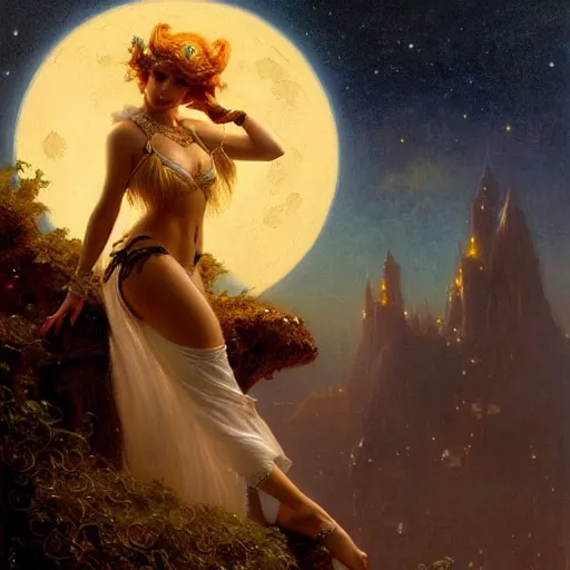 Image similar to attractive fairy magically floating high in the night, fantasy, full moon in background. highly detailed painting by gaston bussiere, craig mullins, j. c. leyendecker, sharp focus, 8 k