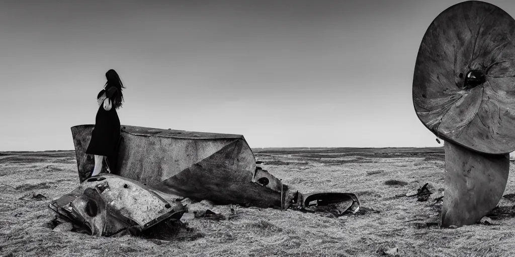 Image similar to a breathtaking photograph of windswept dunes scandinavian landscape, a beautiful woman in oscar de la rents standing beside a destroyed fighter plane + stone in center, ultra wide shot, cinematic, 8 k, dramatic lighting