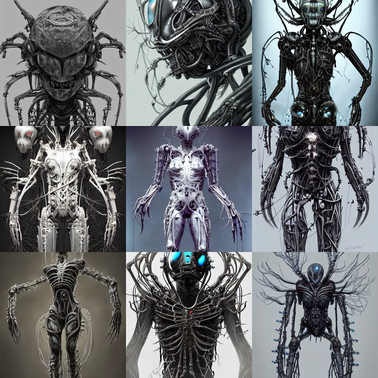 Prompt: gothic mechanical spider perfect symmetrical body, helmet on face, full body shot, alien, plant predator, guyver, giger, wires, tubes, veins, jellyfish, white biomechanical details, wearing epic bionic cyborg implants, masterpiece, intricate, biopunk, vogue, highly detailed, artstation, concept art