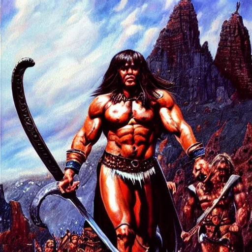 Prompt: full - shot conan the barbarian painting by earl norem “ no crop ”