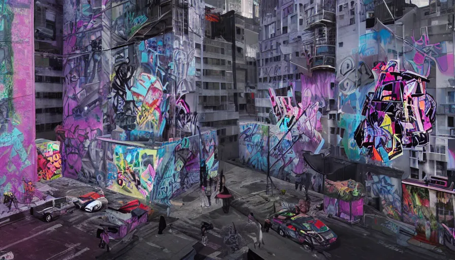 Image similar to urbanpunk - graffiti artists creating a mural on a building in a high - tech, futuristic inner city 0 f new york, urbanpunk youth, fashionable street clothing, spray cans, friends, blacklight graffiti street art, octane render, unreal 5, 8 k digital art, highly detailed, in the style of boondocks