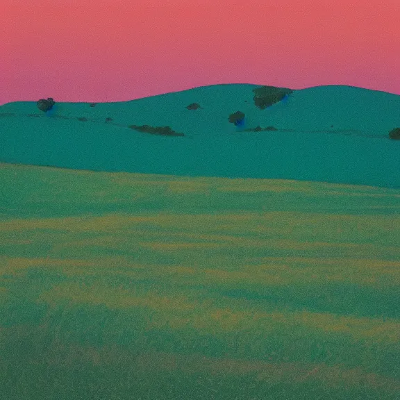 Image similar to rolling hills landscape, teal gradient, film photography 70's, album art