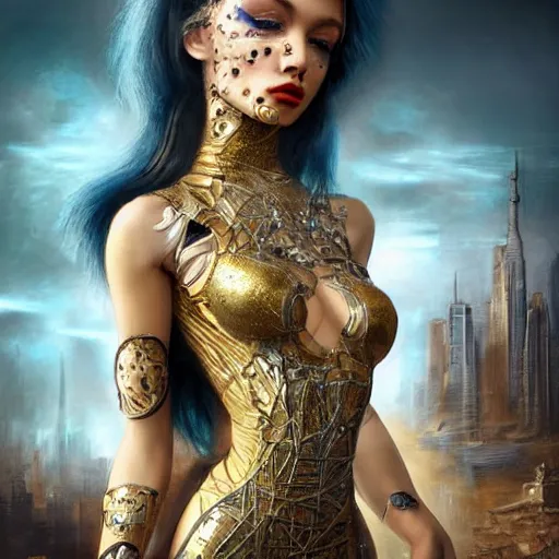 Image similar to Ultrarealist aesthetic, detailed face illustration of a very beautiful dollpunk wearing Abstract tech bodysuit, in front of a ruined city, focus, realistic eyes, symmetric body features proportions, golden ratio, ultra intricate details, award winning, unreal render, by Tom Bagshaw