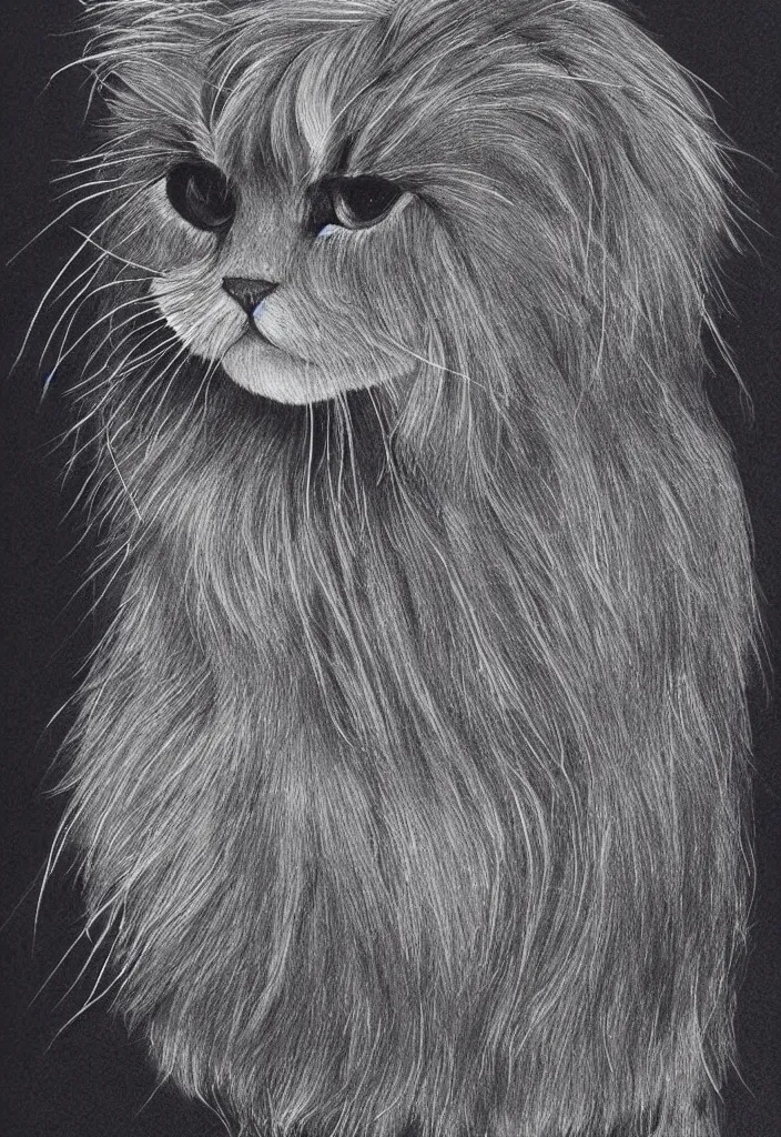 Image similar to longhair floof fluffy coiffed groom elegant gorgeously champion cute pretty scottish fold, radiant line art pen and ink and paint, grisaille dark monochrome with neon color airbrush spraypaint accents