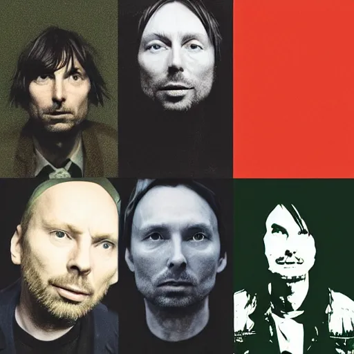 Image similar to Collage, color by Radiohead, Thom Yorke (Thom Yorke), Jonny Greenwood (Jonny Greenwood), Colin Greenwood (Colin Greenwood), Ed O'Brien (Ed O'Brien), Philip Selway (Philip Selway), by Stanley Donwood