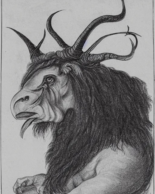 Image similar to a creature with the body and eyes of a man, with the beak of an eagle, the mane of a lion, and the horns of an ox. drawn by francis bacon