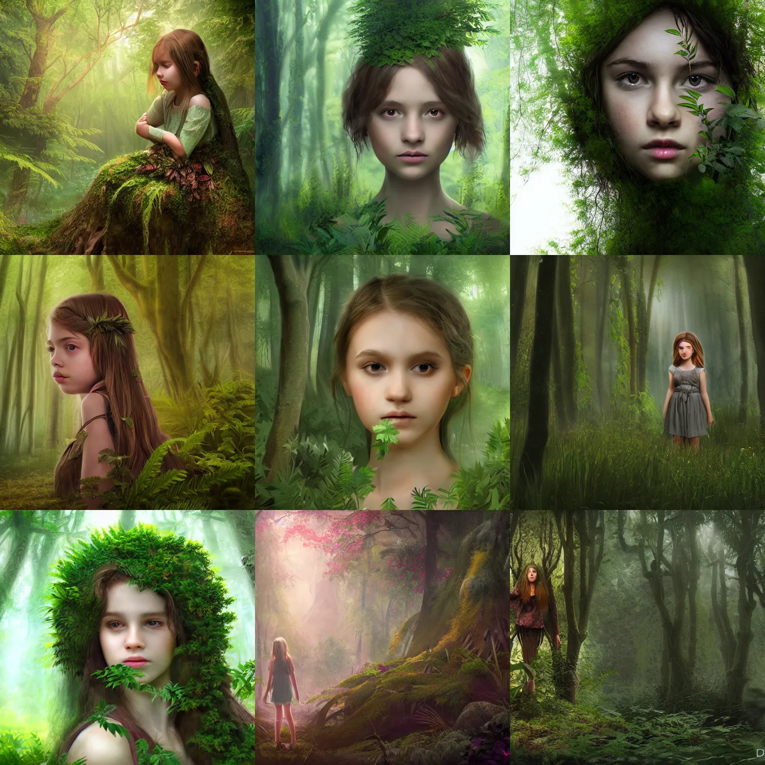 Prompt: young girl made of plants in a forest, dnd, matte painting, 4 k