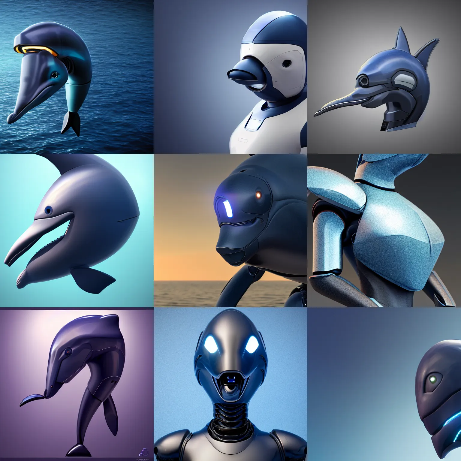 Prompt: robotic anthro dolphin, integrated synthetic cetacean hybrid android, dark opaque visor over top of face, short wide bulbous bottlenose snout, smooth round shapes, all dark blue metal, male, commission on furaffinity, cgsociety, octane render, sea in background