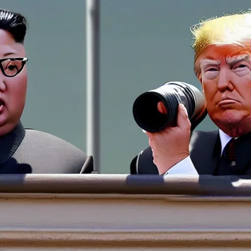 Image similar to trump and kim jong un looking at military parade with binoculars