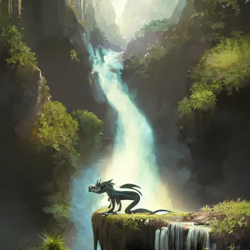 Image similar to beautiful photoshop commission of a slender dragon relaxing by a waterfall, digital painting, artstation, art by Jaime Jones