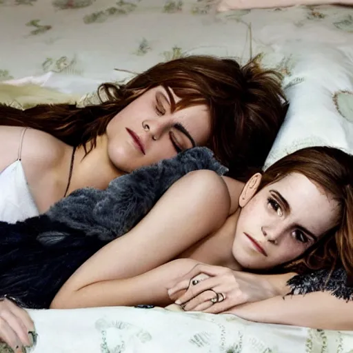 Prompt: emma watson and her friends sleeping in several beds