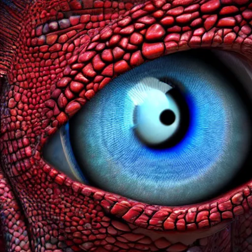 Image similar to big blue eye of ancient red dragon, close-up, high detail 3d model, Octane render, octane, 4k