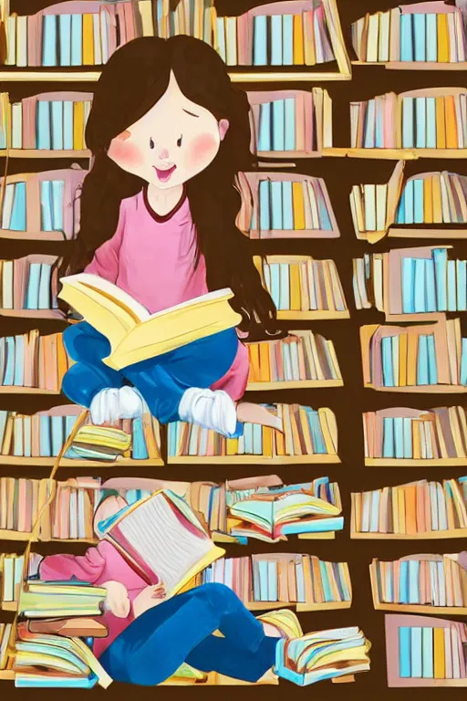 Prompt: a little girl with wavy light brown hair and blue eyes sits cross legged on top of a tall pile of books. she is reading. clean elegant pretty cartoon painting, beautiful detailed face, soft outlines, storybook illustration.