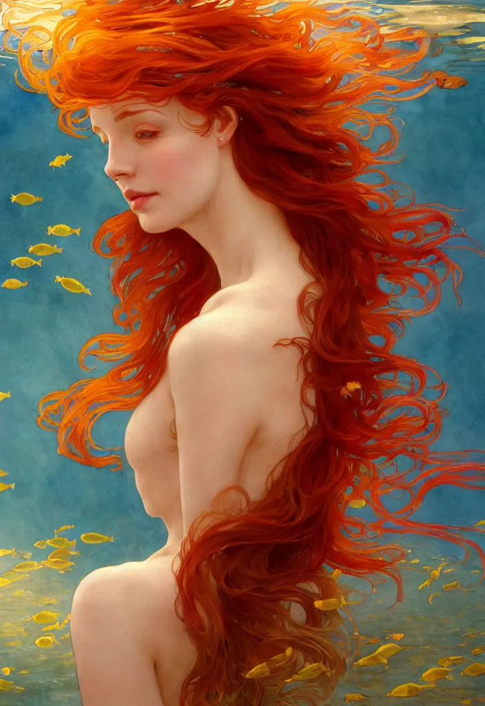 Image similar to beautiful watercolor painting of a young red hair woman swimming, surrounded by golden fish, intricate, elegant, highly detailed, digital painting, artstation, concept art, smooth, sharp focus, art by krenz cushart and artem demura and alphonse mucha, dynamic lighting, full body shot, ultrarealistic, cinematic, octane render, 8 k