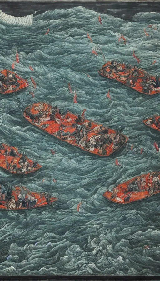 Prompt: man on boat crossing a body of water in hell with creatures in the water, sea of souls, by zeng fanzhi