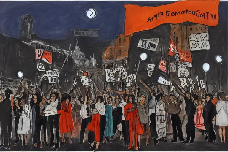 Image similar to feminist revolution, lisbon city at night, art in the style of paula rego