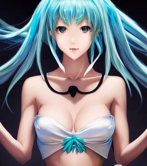 Prompt: Anime art beautiful Hatsune miku by artgerm, magali villeneuve, Gil Elvgren, Earl Moran, Enoch Bolles, symmetrical shoulders, black bra