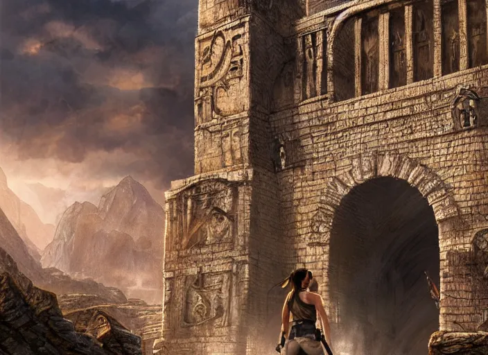 Image similar to face portrait of amazed Lara Croft entering the large Minas Tirith gate, sun beams, intricate, elegant, highly detailed, centered, digital painting, artstation, concept art, smooth, sharp focus, illustration, Allan Lee, John Howe