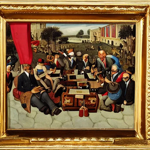 Prompt: a group of politicians partying in dc one riding an elephant money everywhere some smoking cigars, in the style of bruegel