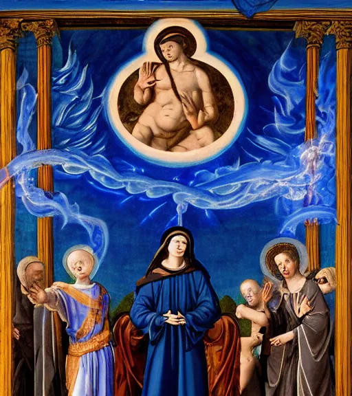 Prompt: hank hill wearing a white toga, emerging from blue fire, surrounded by blue flames, renaissance religious painting, late gothic religious paintings, byzantine religious art, painting by duccio di buoninsegna and carlo crivelli, detailed, trending on artstation