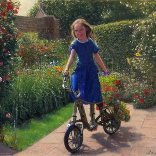 Prompt: painting of a girl riding uk brompton bike in a garden, by donato giancola