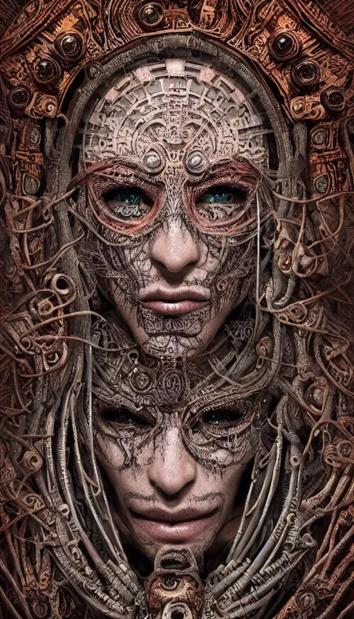 Prompt: ancient biomechanical hybrid aztec fantasy beautiful shaman symmetrical human face immortal mask tattoo pattern concept, teonanacatl glyph, intricate artwork by, Johnatan Wayshak, Zdizslaw Beksinski, face by Artgerm, H.R. Giger, very coherent artwork, cinematic, hyper realism, high detail, octane render, unreal engine, 8k, High contrast, higly detailed black ink outline, crosshatch sketch gradient