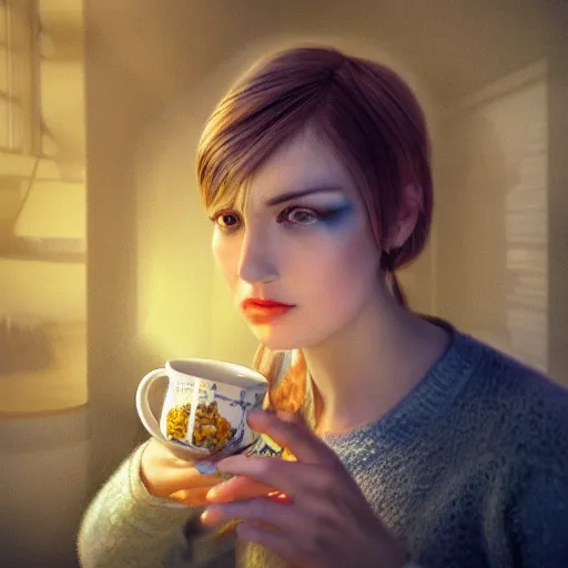 Image similar to stunning award winning hyperrealistic hdr 8 k highly detailed portrait photo of glados drinking tea