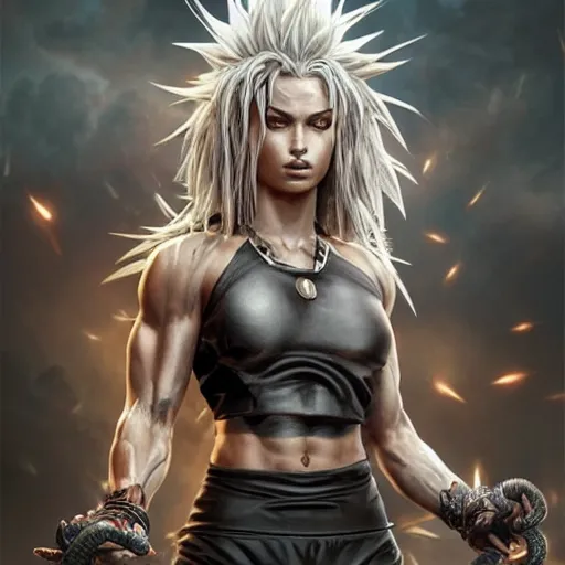 Image similar to warrior girl, muscular girl, wild spiky black saiyan hair, long spiky hair, electrified hair, insane hair, ultra realistic, intricate details, highly detailed, subsurface scattering, photorealistic, octane render, 8 k, art by artgerm, greg rutkowski, magali villeneuve, alphonse mucha