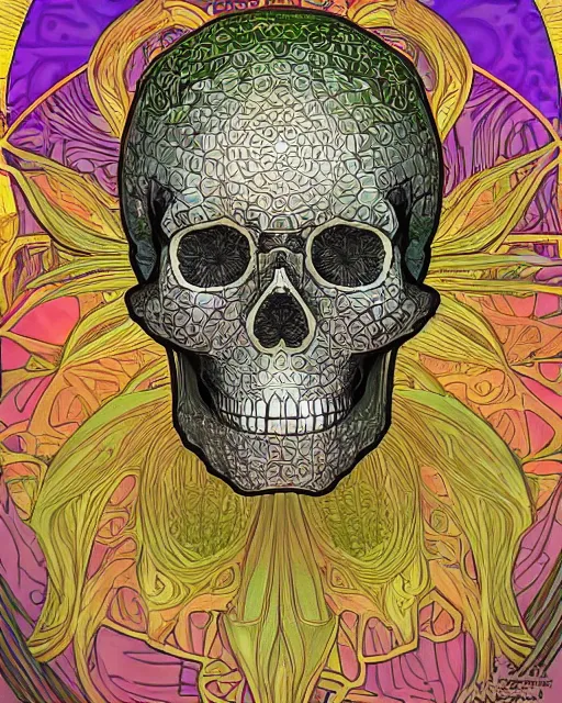 Image similar to Carved ancient skull art surrounded by varities of pineapple, cell shading, voronoi, fibonacci sequence, sacred geometry by Alphonse Mucha, Moebius, hiroshi yoshida, Art Nouveau, colorful, ultradetailed, vivid colour, 3d