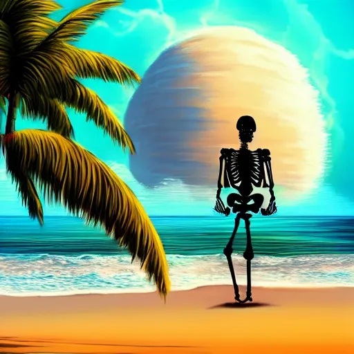 Image similar to Beautiful digital painting portrait of relaxed skeleton walking on the tropical beach with nuclear bomb explosion on the ocean in the background, high quality, trending on Artstation, highly detailed big nuclear explosion in the background, realistic, tropical color scheme, anatomically correct skeleton, high coherence, beautiful aesthetic lighting