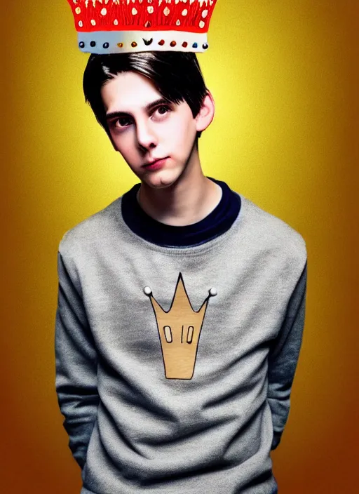 Image similar to portrait of teenage jughead jones wearing a light grey crown, photorealistic, crown, sweater with letter s on it, hamburger, eyes closed, crown, black hair, intricate, elegant, glowing lights, highly detailed, digital painting, artstation, concept art, smooth, sharp focus, illustration, art by wlop, mars ravelo and greg rutkowski